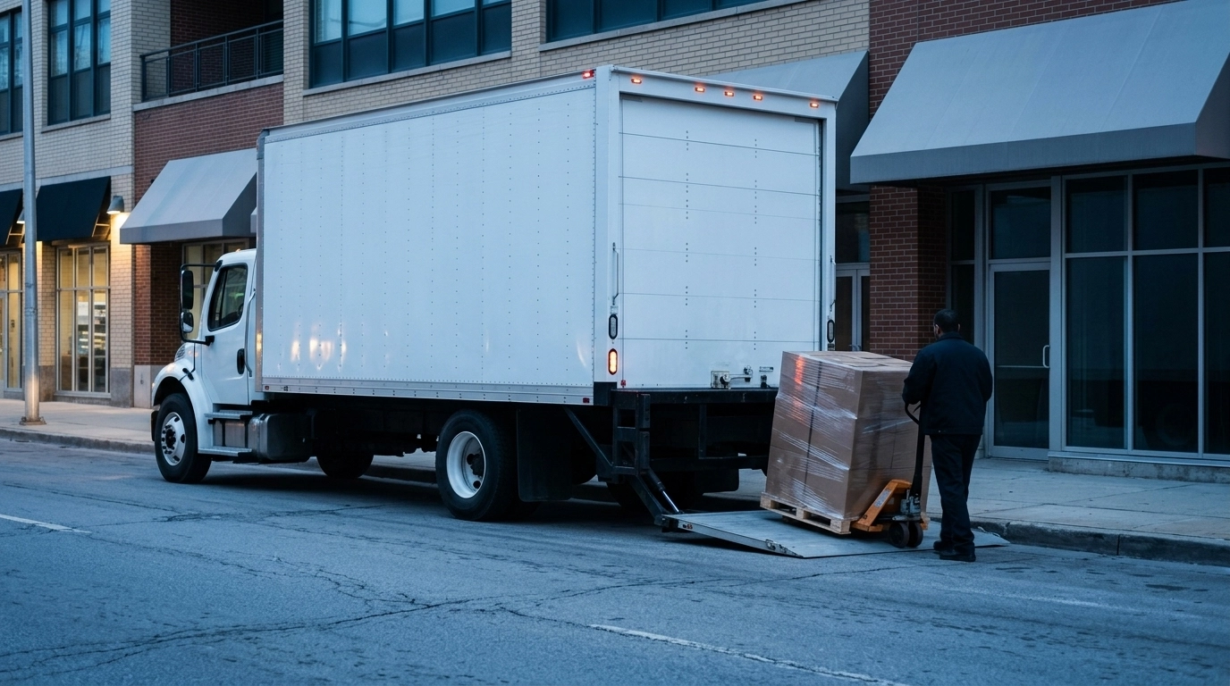 White box truck at a city curb with its liftgate lowered for a pallet delivery