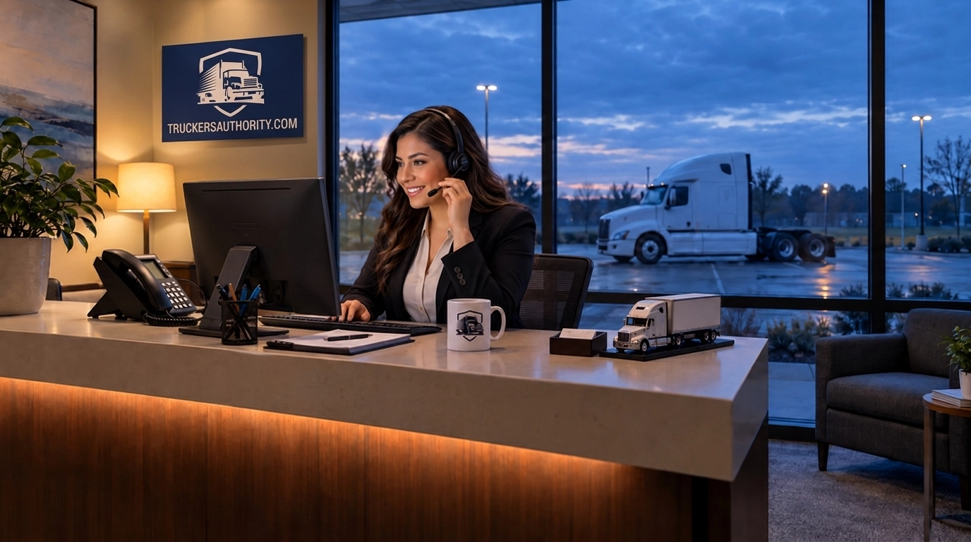 Insurance office reception desk with a semi truck visible through the window