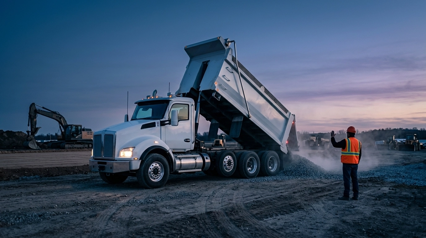 White tri-axle dump truck raising its bed to unload aggregate on a construction site
