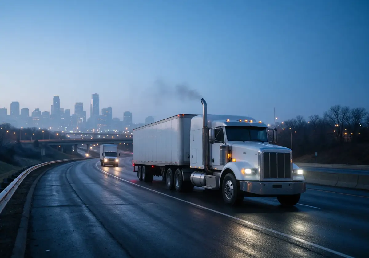 Semi truck and box truck merging onto an interstate at dawn