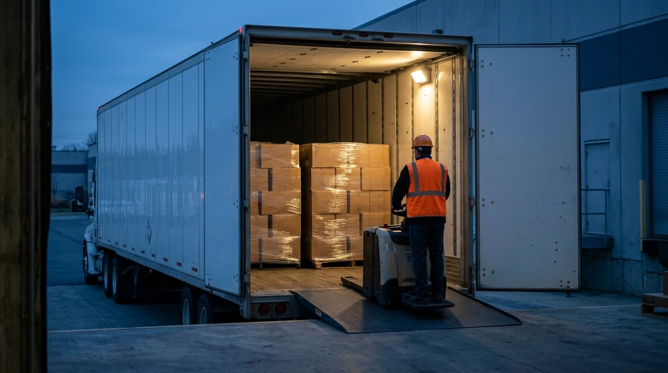 Open dry van trailer at a warehouse dock loaded with shrink-wrapped pallets