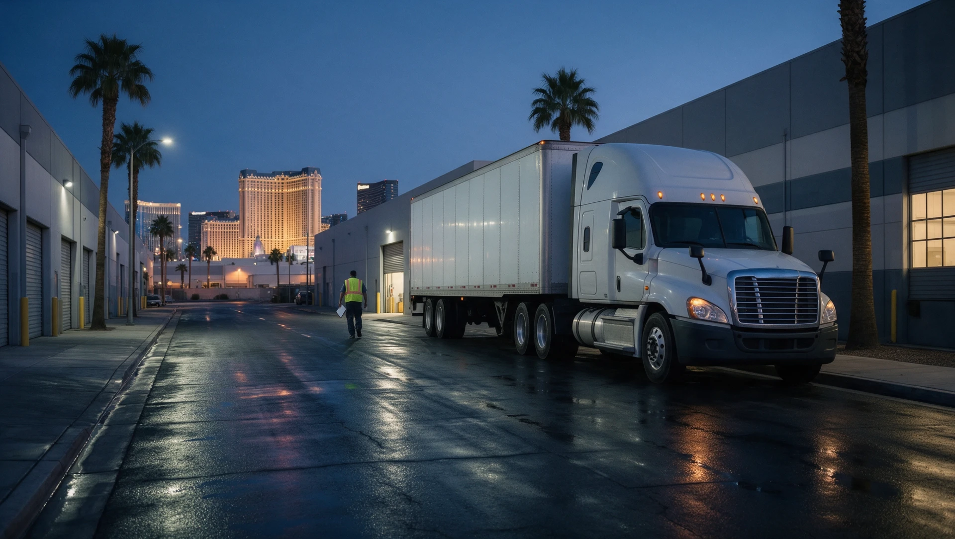 Semi truck stopped on a Las Vegas industrial street at dusk with the city skyline behind