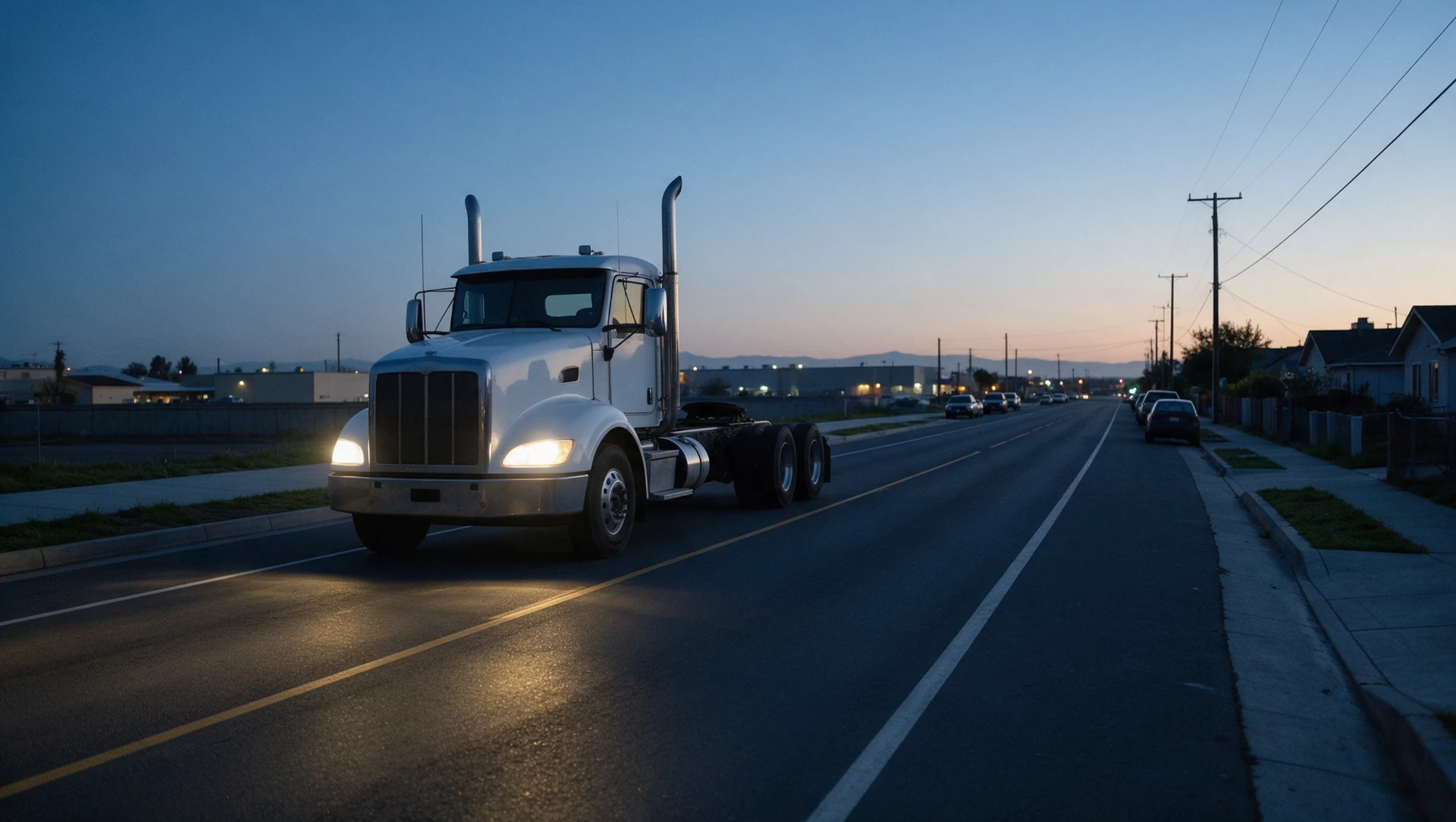 Bobtail semi truck tractor with no trailer driving on a suburban road at dusk