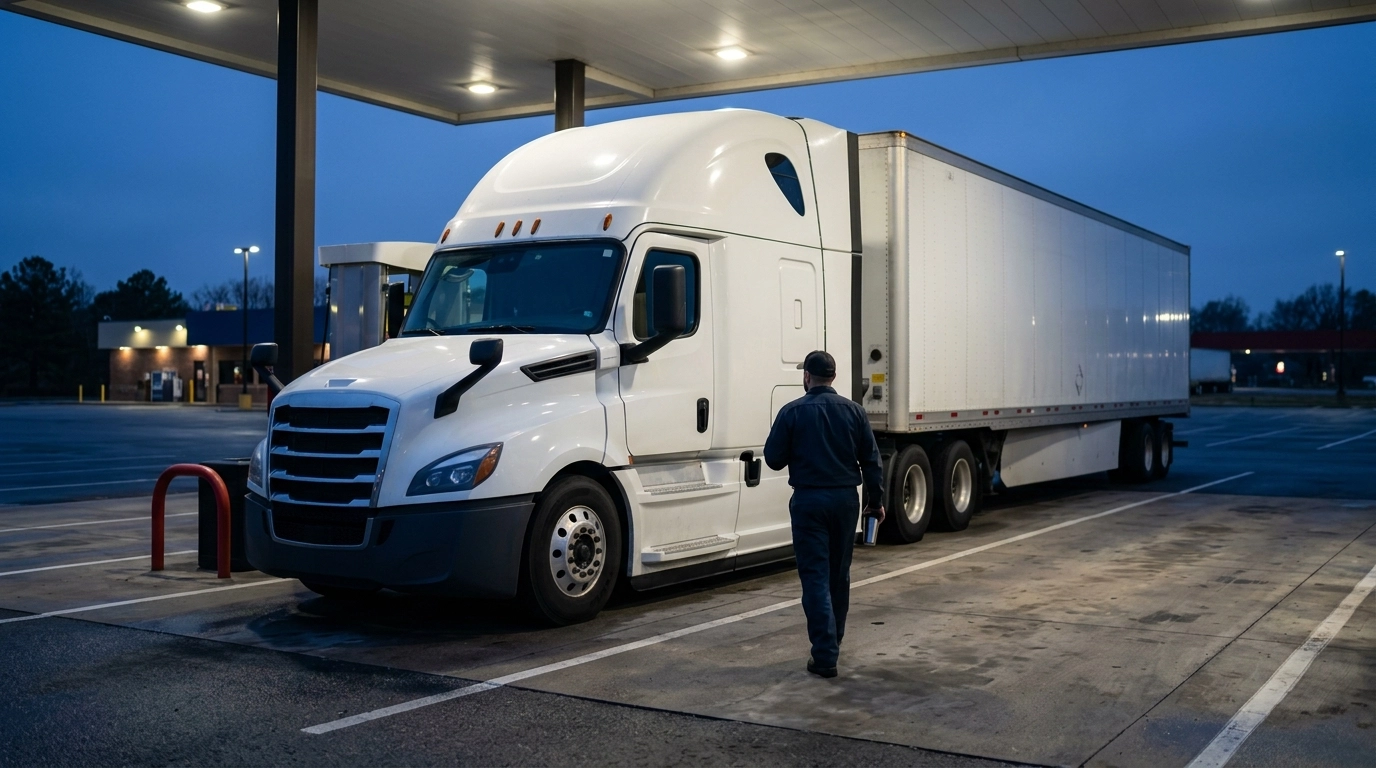 A single owner-operator semi truck parked at a truck stop fuel island at dusk