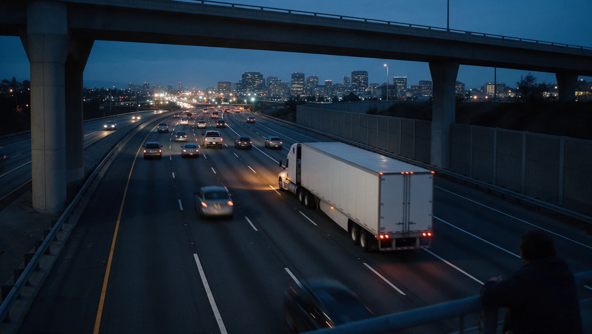 Semi truck traveling in highway traffic beside passenger cars at dusk