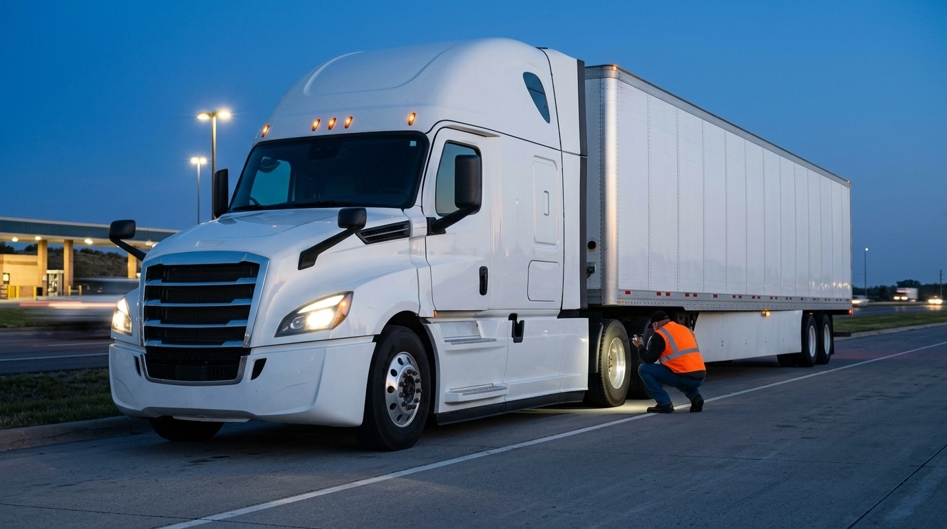 Driver doing a pre-trip inspection on a white semi truck and dry van trailer at dawn