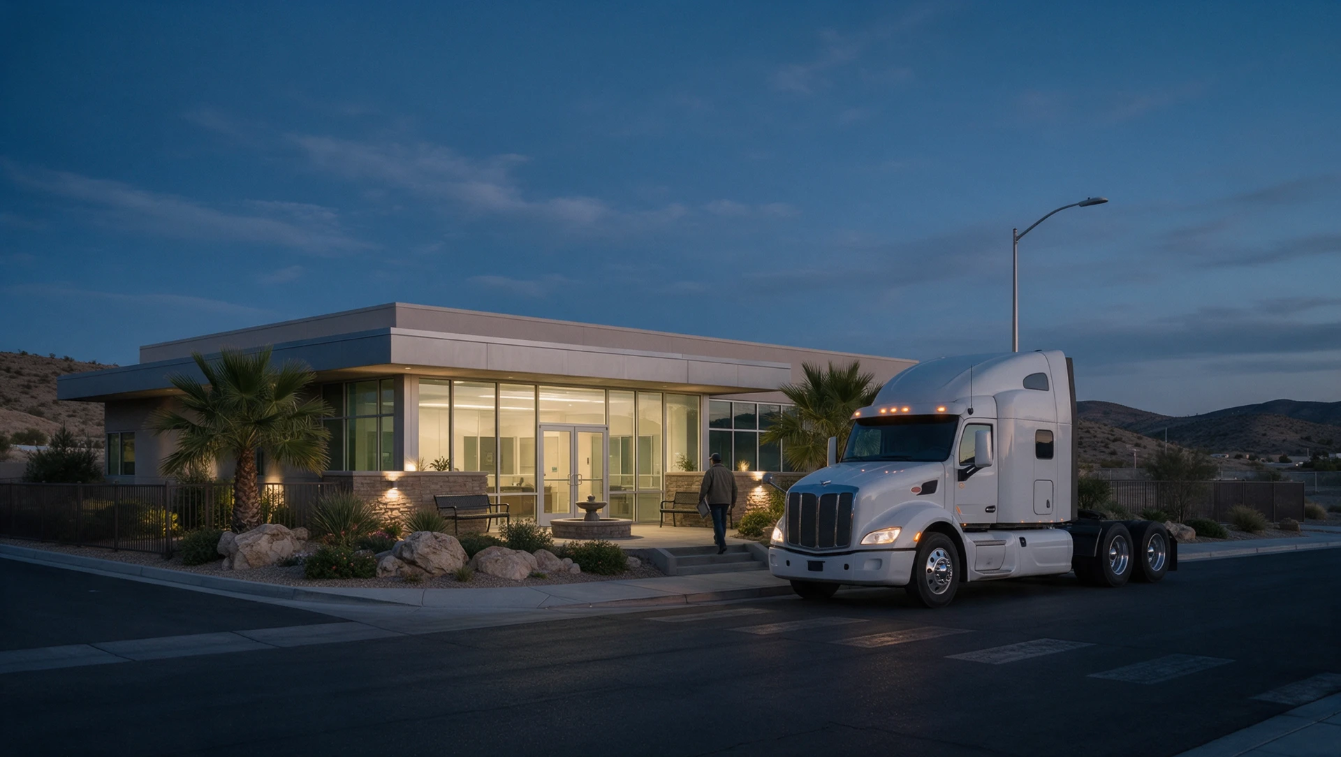 Trucking customer walking into an insurance office in Las Vegas at dusk