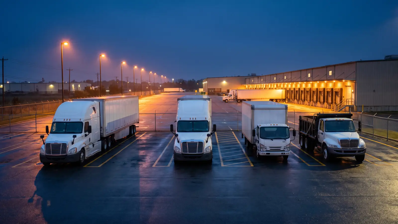Small trucking fleet of two semi trucks, a box truck and a dump truck parked in a terminal yard at dusk